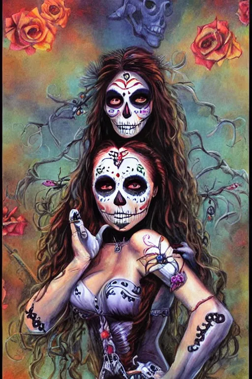 Prompt: Illustration of a day of the dead girl, art by Julie Bell