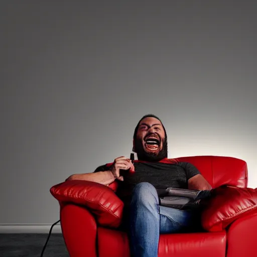 Image similar to A red man sitting on a leather reclining chair laughing at a TV. Cinematic lighting, dream like.