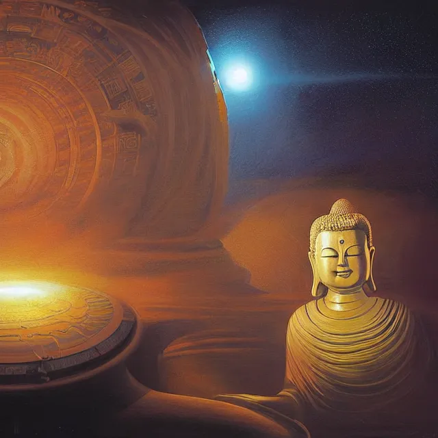 Prompt: a solar system rotating around the head of a biomechanical buddha, volumetric lighting, volumetric shadows, symmetrical, concept art, realistic oil painting by tim hilderbrandt,