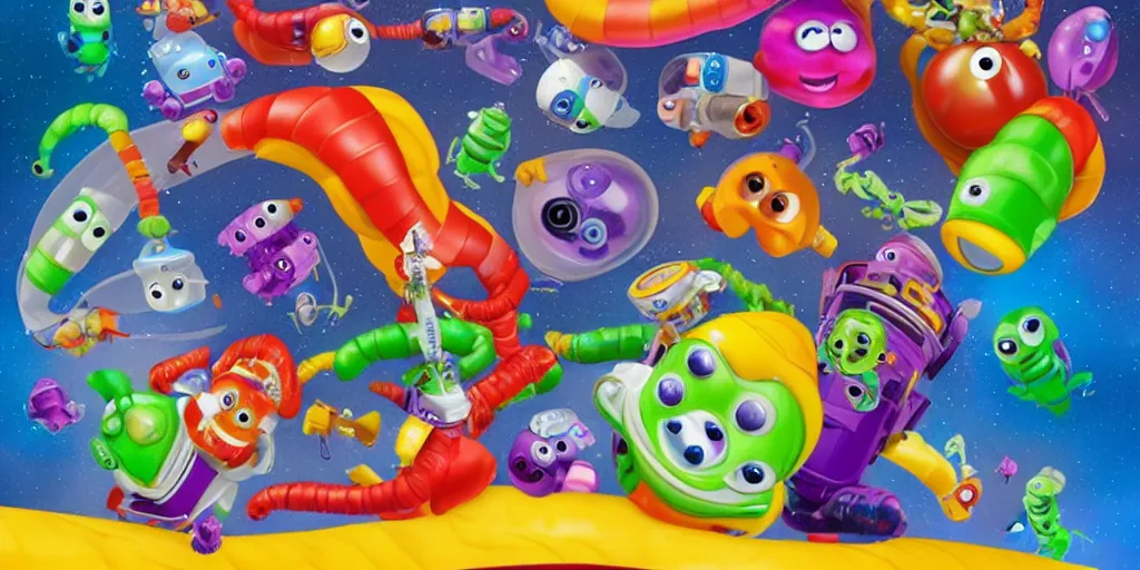 Image similar to a 3 d rendered movie still a gummi worm descendant 1 million years from now. gummi worm wears a spacesuit, and explores cosmos in a super awesome space ship. science fiction blockbuster movie gummi worms rule the world or my stepmom is a gummi worm from space, dramatic lighting, imax 7 0 mm. buzz lightyear