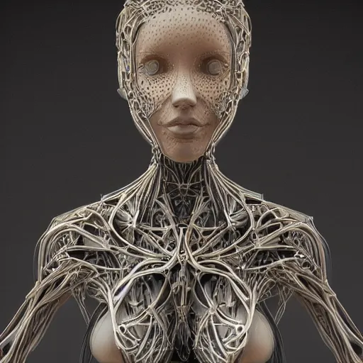 Prompt: beatifull frontal portrait of a woman, biomechanical sculpture, fractal, intricate, elegant, highly detailed, ornate, elegant , luxury, beautifully lit, ray trace