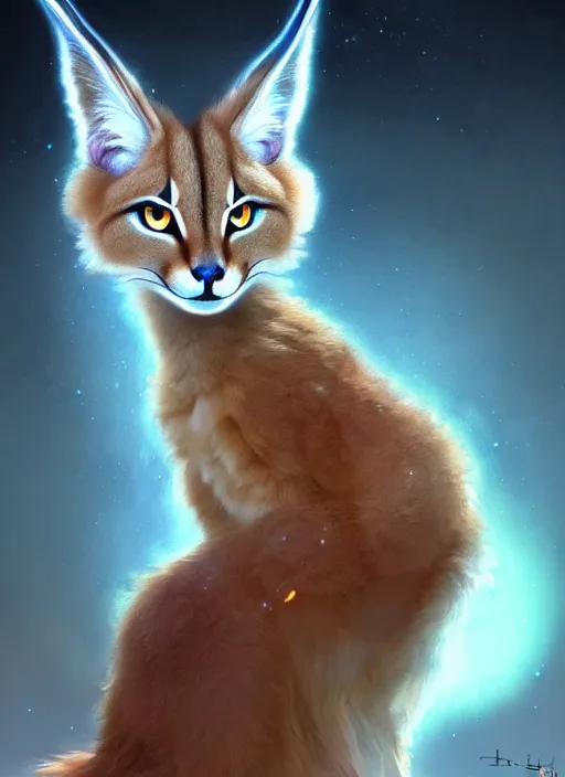 Image similar to cute fluffy caracal sitting politely, facing the camera, anime art style, wearing futuristic, led - lit armor, and a cannon mounted on his back, portrait, high detail, sharp focus, digital painting, artstation, concept art, art by hayao miyazaki and artgerm and greg rutkowski and alphonse mucha.