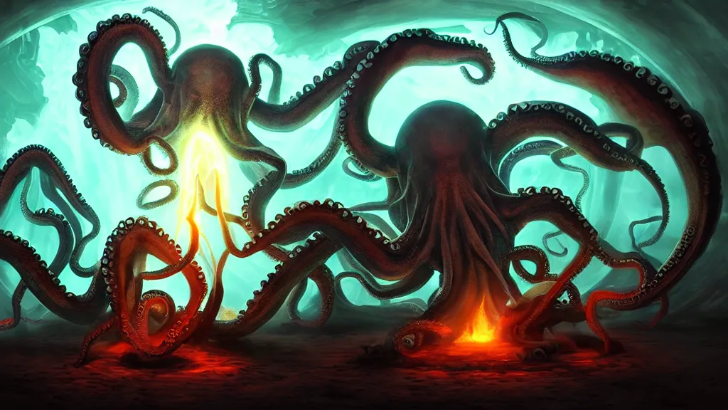 Prompt: mages in circle summoning an evil octopus beast. lighting, flux. fantasy, digital painting, hd, highly detailed.
