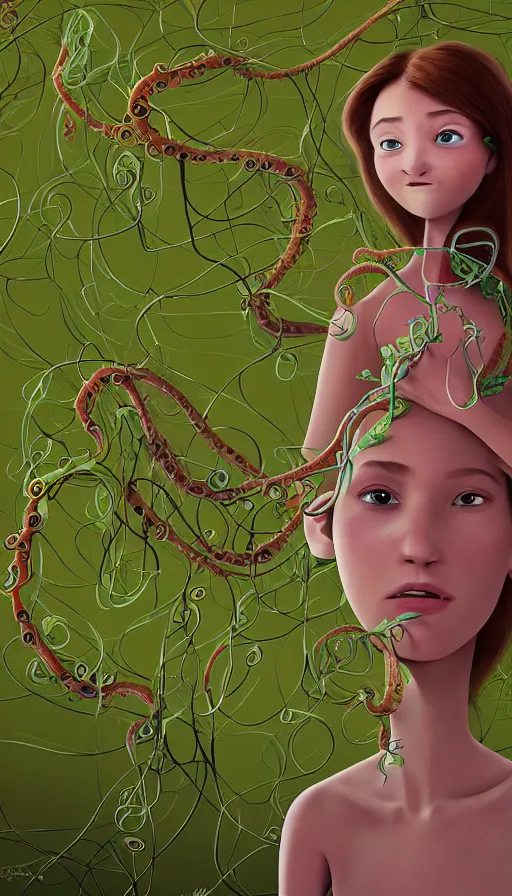 Image similar to very detailed portrait of a 2 0 years old girl surrounded by tentacles, the youg woman visage is blooming from fractal and vines, by pixar concept artists