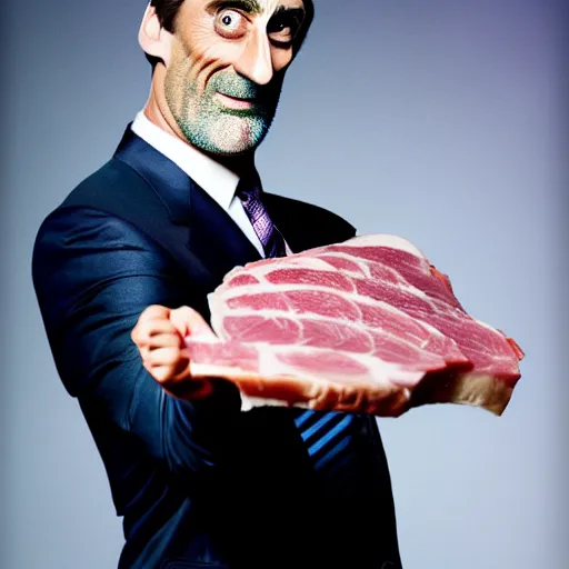 Prompt: uhd candid photo of ham with john hamm's face on it. correct face. photo by annie leibowitz.