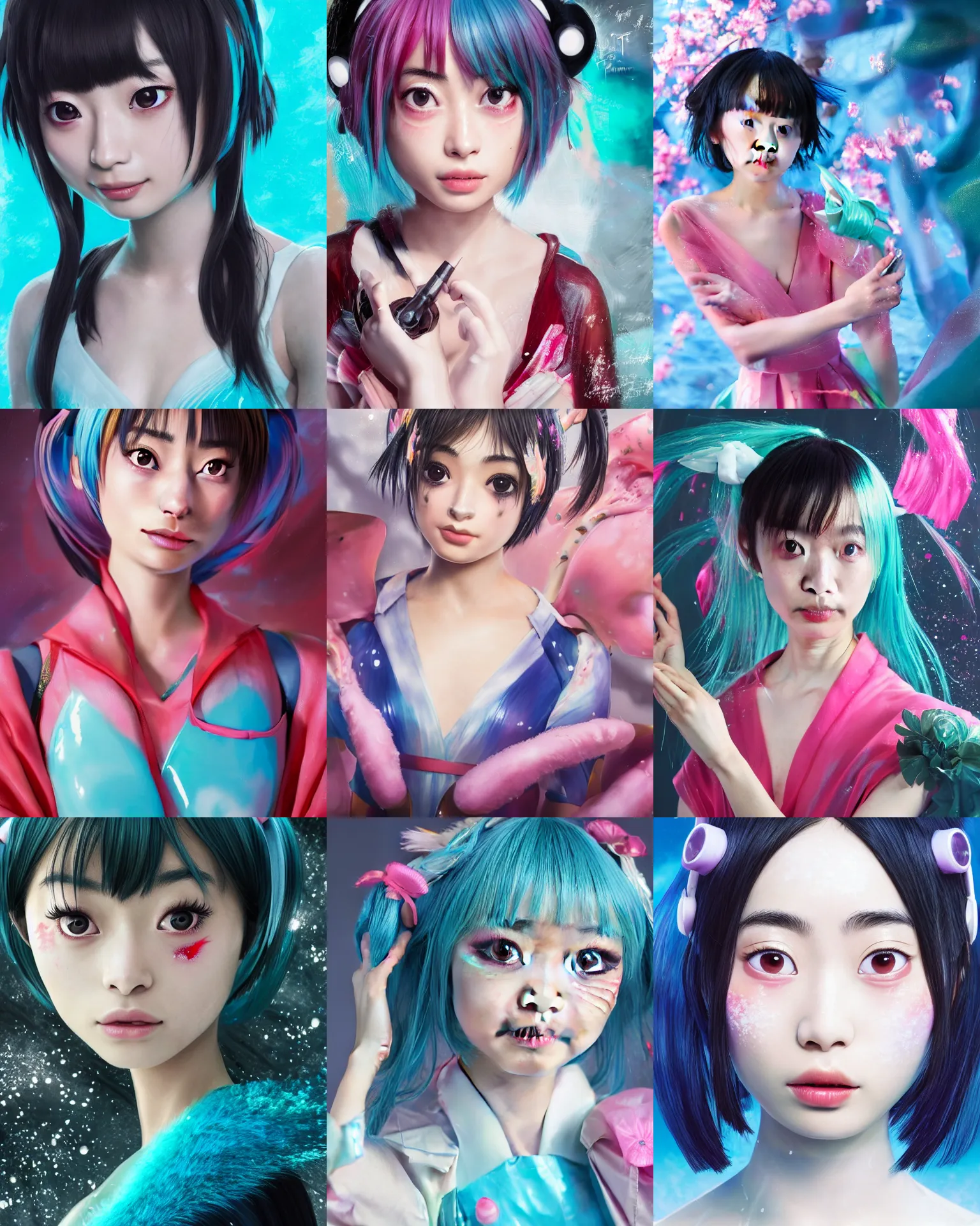 Prompt: suzu hirose as miku in a hotsprings, styling by Tom Eerebout & Sandra Amador, clear makeup, clean hair, dry skin, clear skin, airbrushed, bright eye makeup, warrior body, digital painting by stanley artgerm lau, masterpiece, 8k octane render, cinematic, hyper detailed, micro details, insanely detailed, trending on artstation, cgstudio