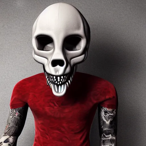 Image similar to highly detailed render of a man wearing a skull fox mask playing a red sintethizer, full body with tattoos, two arms two legs, vray render, unreal engine, highly detailed faces, thin body,