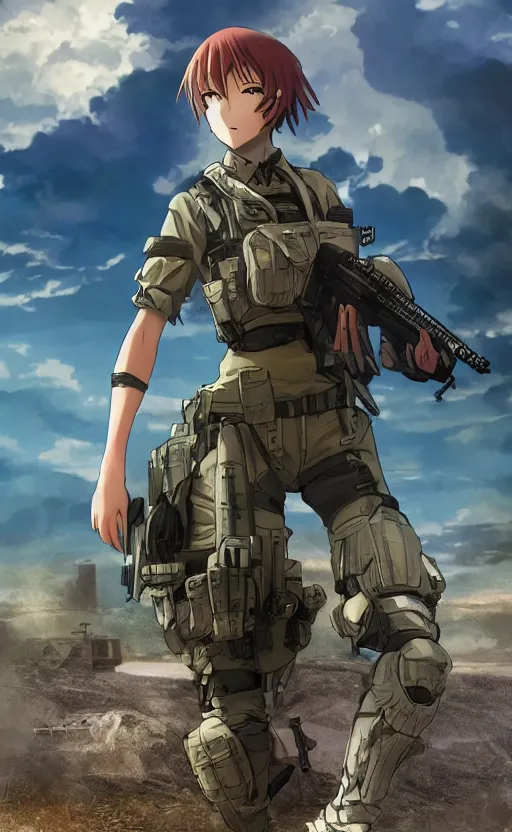 Image similar to girl, trading card front, future soldier clothing, future combat gear, realistic anatomy, war photo, professional, by ufotable anime studio, green screen, volumetric lights, stunning, military camp in the background, metal hard surfaces, generate realistic face, only blue sky in the back