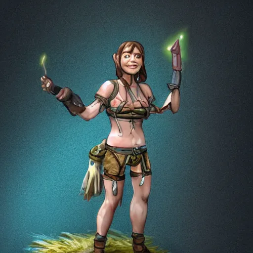 Prompt: a battle - scarred adventurer, female, bioluminescence, friendly and smiling, fantasy