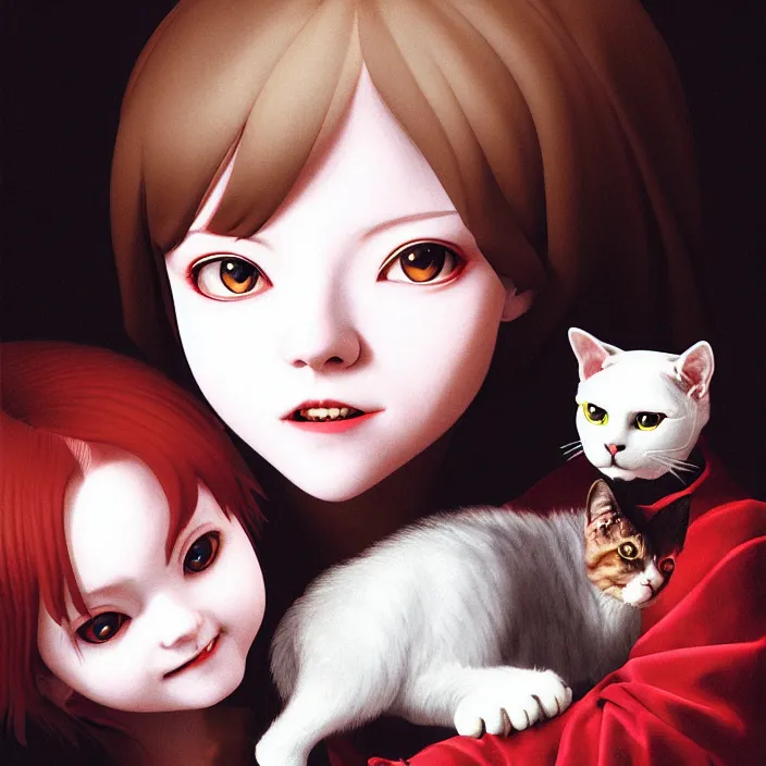 Image similar to renaissance portrait of the mischievous vampire girl loner smiling at her cat, by katsuhiro otomo, and artgerm rendered with 3 d effect.