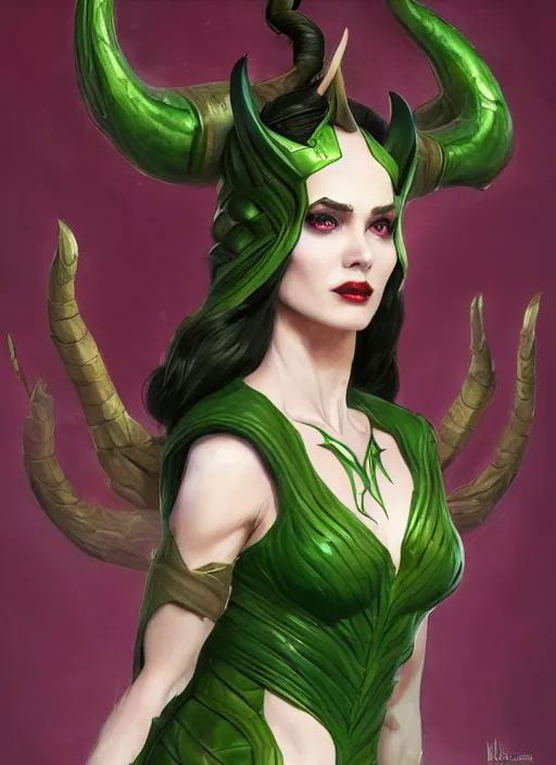 Image similar to female loki as maleficent, naturel, hyper detailed, digital art, trending in artstation, cinematic lighting, studio quality, smooth render, unreal engine 5 rendered, octane rendered, art style by klimt and nixeu and ian sprigger and wlop and krenz cushart