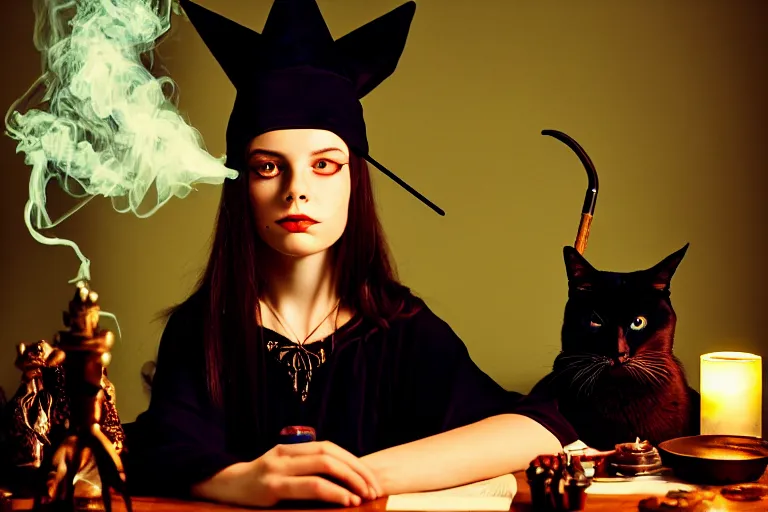 Image similar to close up portrait, dramatic lighting, concentration, calm confident teen witch and her cat, tarot cards displayed on the table in front of her, sage smoke, magic wand, a witch hat cloak, apothecary shelves in the background 1 9 2 0's photo, damaged film