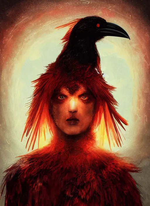 Image similar to red and golden color details, portrait, A crow with red eyes in front of the full big moon, book cover, red details, red white black colors, establishing shot, extremly high detail, foto realistic, cinematic lighting, by Yoshitaka Amano, Ruan Jia, Kentaro Miura, Artgerm, post processed, concept art, artstation, raphael lacoste, alex ross, portrait, A crow with red eyes in front of the full big moon, book cover, red roses, red white black colors, establishing shot, extremly high detail, photo-realistic, cinematic lighting, by Yoshitaka Amano, Ruan Jia, Kentaro Miura, Artgerm, post processed, concept art, artstation, raphael lacoste, alex ross