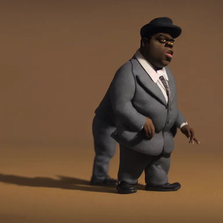 Image similar to a cinematic film still of a claymation stop motion film starring biggie smalls, shallow depth of field, 8 0 mm, f 1. 8