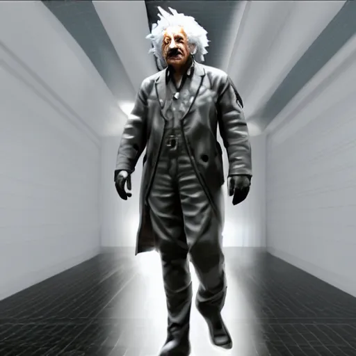 Image similar to Albert Einstein as a Metal Gear Solid Villain 2005 JRPG cinema 4d render, Ray tracing reflection, natural lighting, Unreal Engine award winning photography