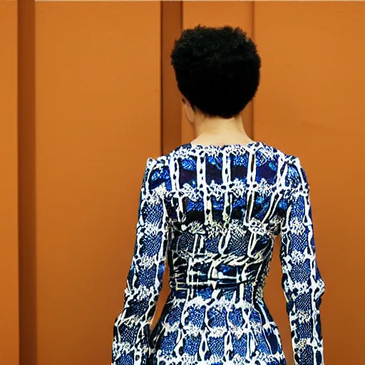 Image similar to woman wearing a cyber pattern dress