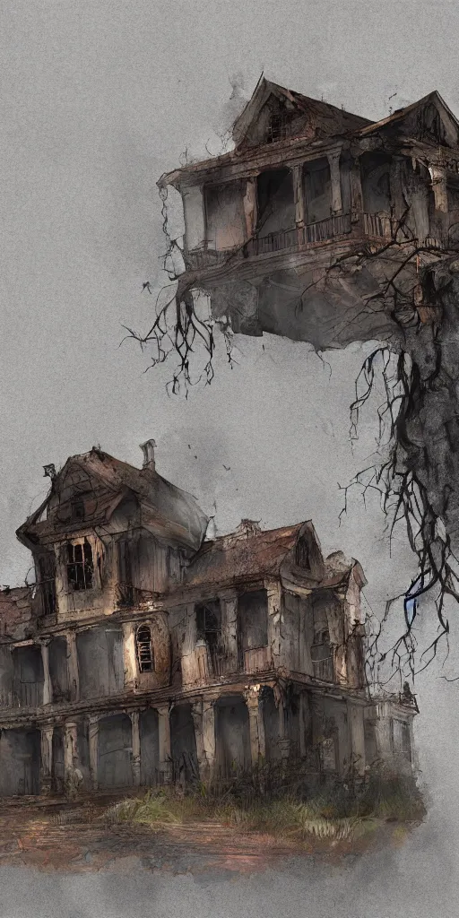 Prompt: a digital painting of a haunted house, abandoned, dilapidated, concept art