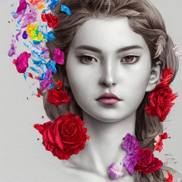 Prompt: studio portrait absurdly beautiful, elegant, graceful, young hypercolorful rainbow sensual gravure idol rubies red petals gems, ultrafine hyperrealistic detailed face illustration by kim jung gi, irakli nadar, intricate linework, sharp focus, bright colors, matte, octopath traveler, final fantasy, unreal engine highly rendered, global illumination, radiant light, intricate environment