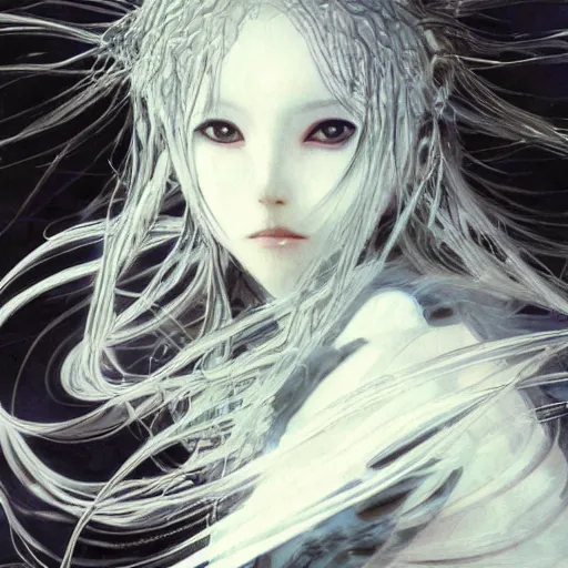 Image similar to yoshitaka amano blurred and dreamy realistic illustration of an anime girl with wavy white hair and cracks on her face wearing elden ring armor with the cape fluttering in the wind, abstract black and white patterns on the background, noisy film grain effect, highly detailed, renaissance oil painting, weird portrait angle