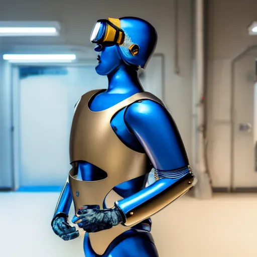 Image similar to A portrait of a metalic blue humanoid android, with only eyes (looking like goggles with cyrillian blue), with gold plate armor on its torso, in an ancient, high tech lab, 8k 85mm lens, f/1.4