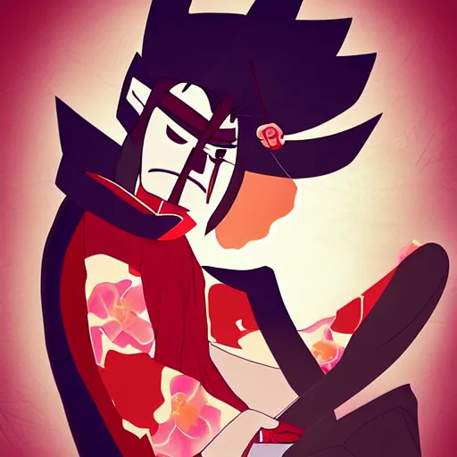 Image similar to samurai jack on a chair, thinking about life, flowers around, hyper realistic, anime style, digital art inspired from the cartoon