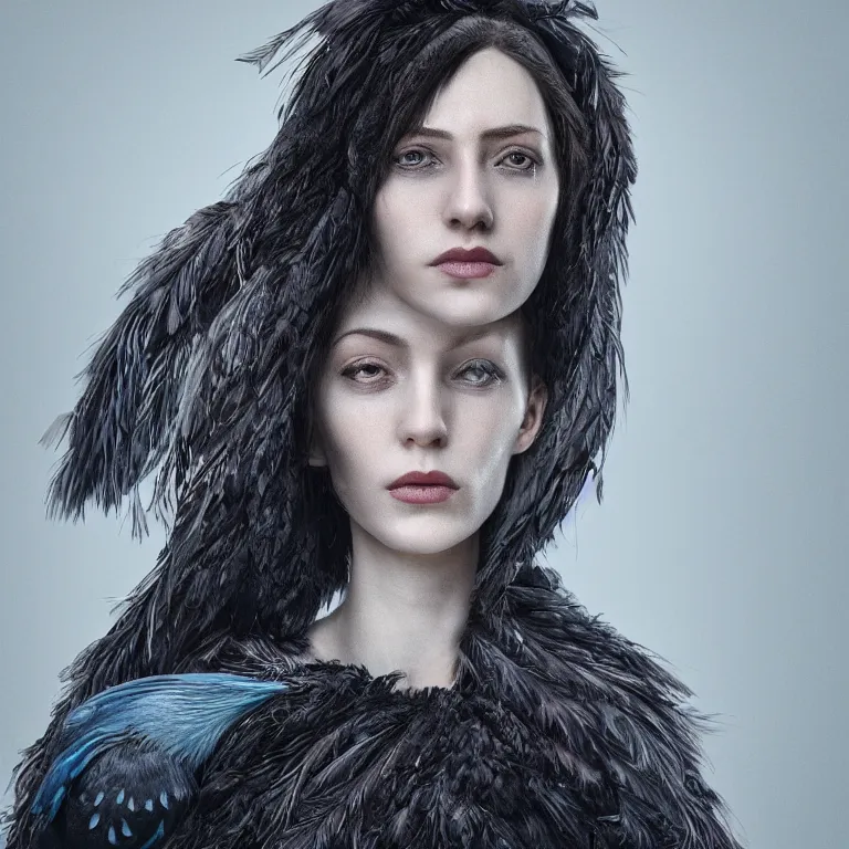 Image similar to hight focus of a wonderful realistic focused sweet wonderful symmetrical mid portrait of a lonely woman with a wonderful hair, dressed with a realistic black raven plumes, dramatic light, octane render - 8 k