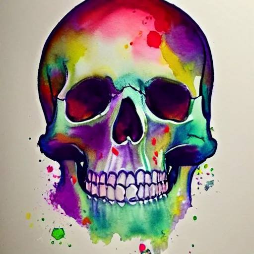 Prompt: watercolor art on paper, skull with bath bomb explosions all around, highly detailed, artstation, masterpiece, award - winning