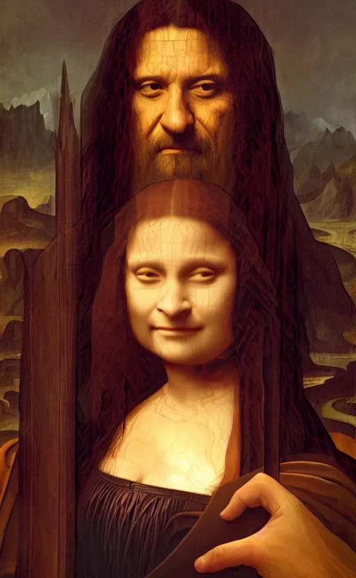 Image similar to Hagrid from Harry Potter as Mona Lisa, masterpiece digital painting by Greg Rutkowski, Alex Grey, artstation, 4k wallpaper