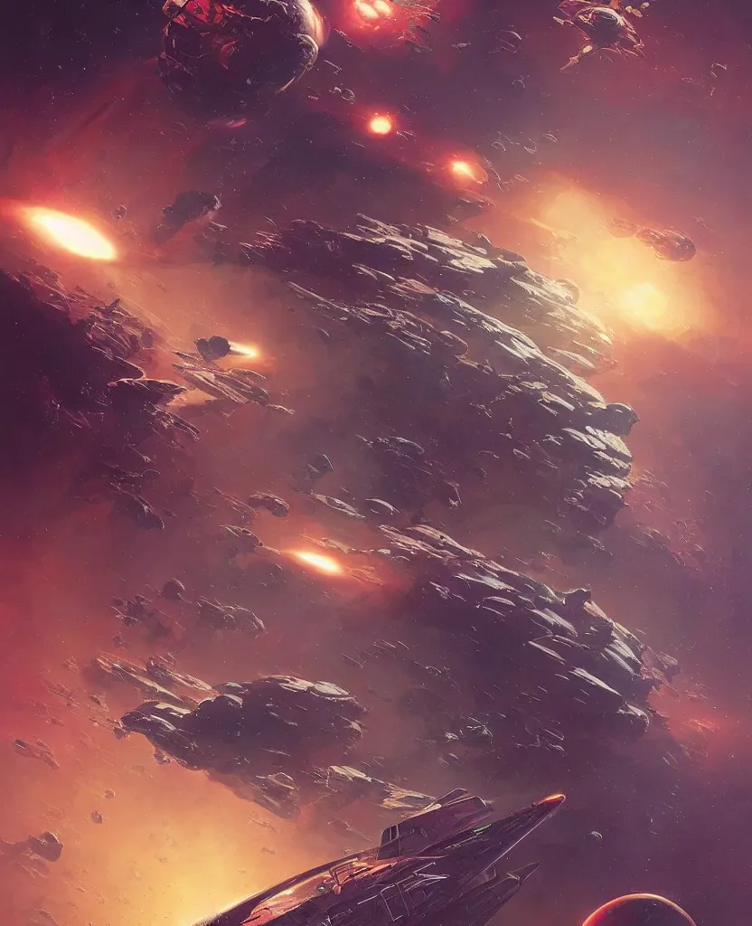 Image similar to retro futuristic sci - fi poster by moebius and greg rutkowski, epic spaceship battle, nebulae, planet mars