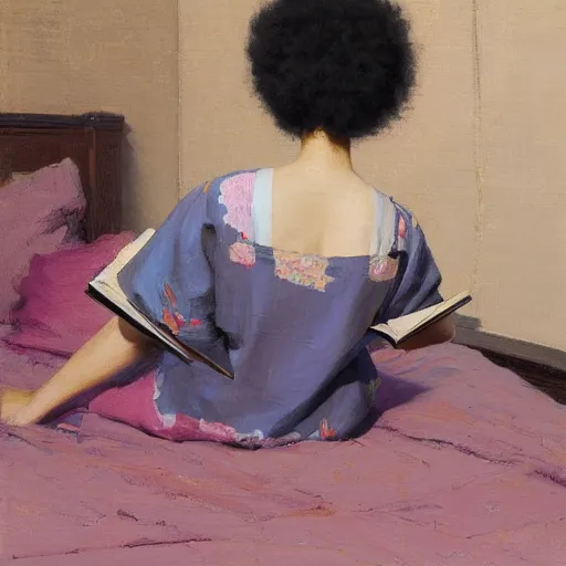 Prompt: girl with afro with a comb in it, in kimono, backview, sitting on edge of bed, reading a book, by jeremy lipking, tim rees, joseph todorovitch