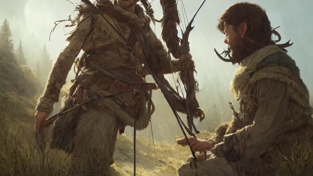 Image similar to highly detailed portrait of a grizzled hunter, bow and arrow, traditional clothes, unreal engine, fantasy art by greg rutkowski, ferdinand knab, makoto shinkai and lois van baarle, ilya kuvshinov, rossdraws, tom bagshaw, global illumination, radiant light, detailed and intricate environment