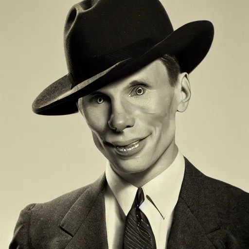 Image similar to A photograph portrait of Jerma985 wearing a suit with and fedora in the 1950s, taken in the early 1950s, grainy, taken on a 1950s Kodak Camera, realistic, hyperrealistic, very realistic, highly detailed, very detailed, extremely detailed, detailed, digital art, trending on artstation