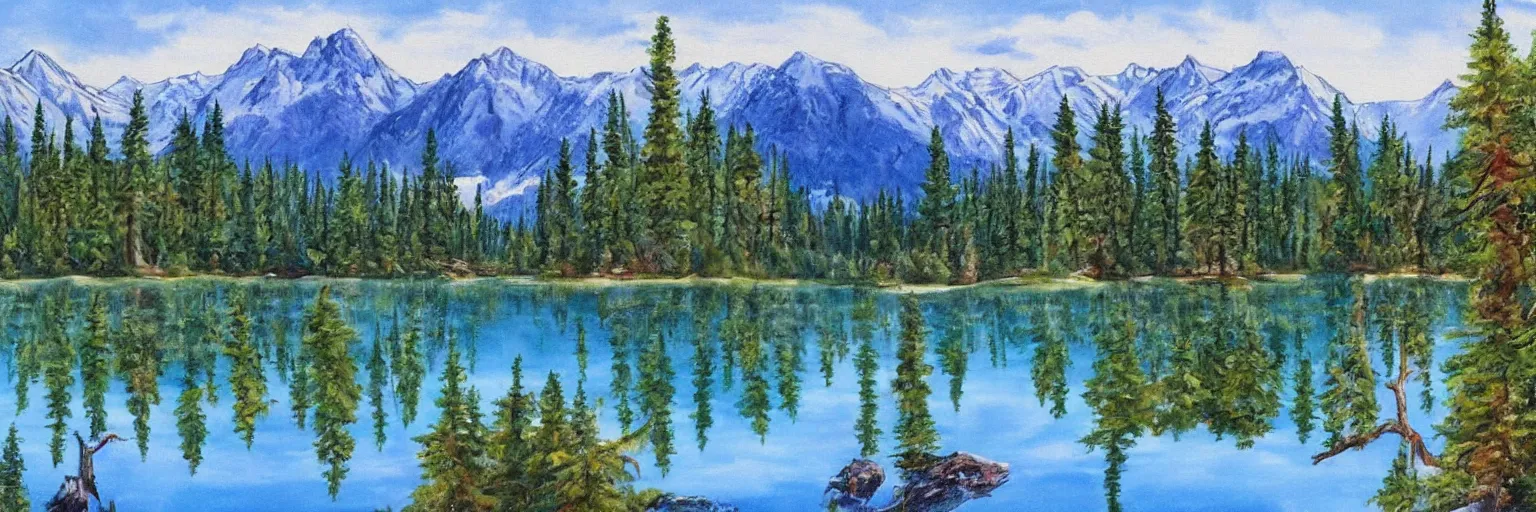 Image similar to a lake surrounded by pine trees with mountains in the background painted by Bob Ross