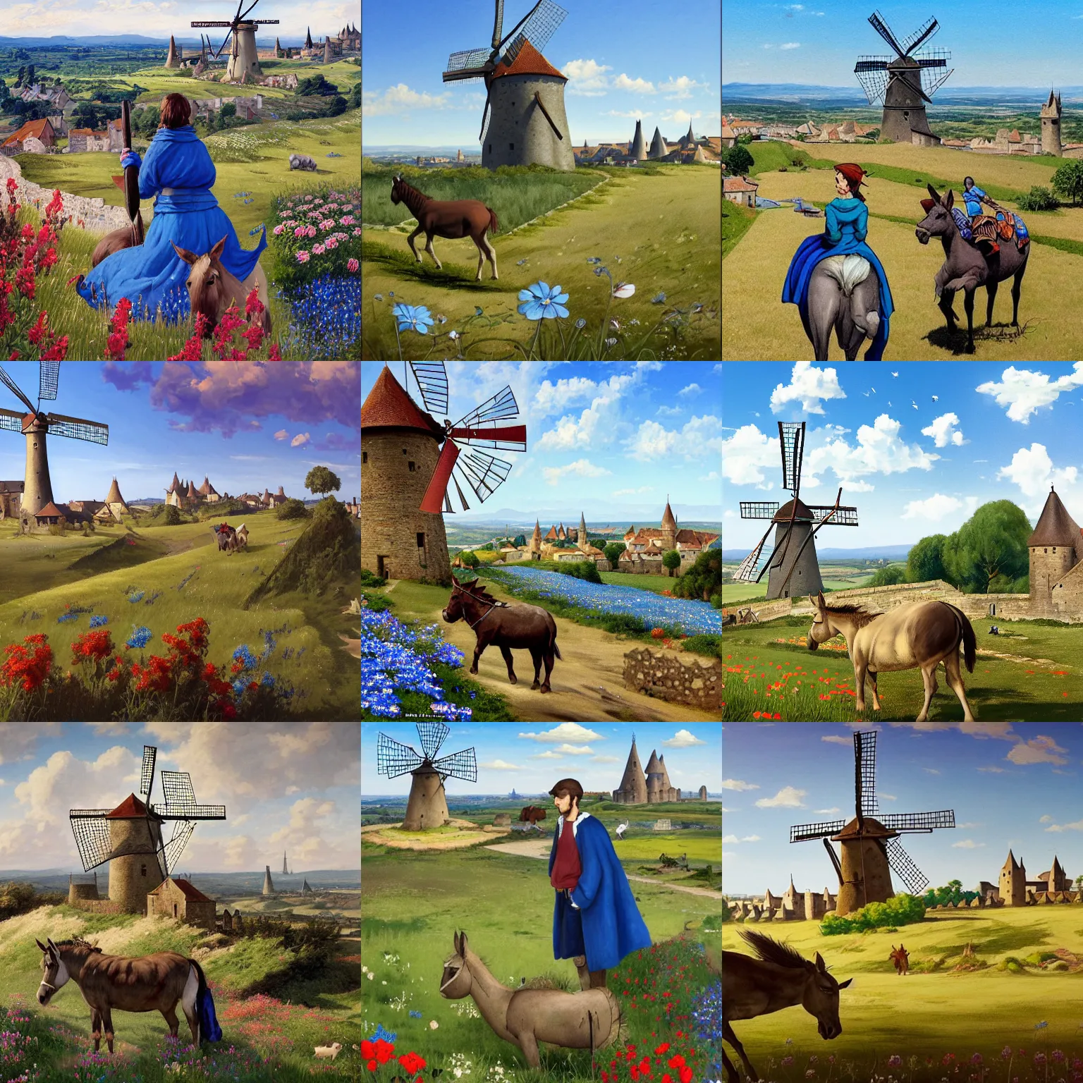 Prompt: very long shot of a windmill, donkey in front, spots of blue flowers nearby, medieval french landscape, Carcassonne, city of carcassonne in the background, by Stanley Artgerm Lau, WLOP, Rossdraws, frank frazetta, Andrei Riabovitchev, Marc Simonetti, tranding on artstation