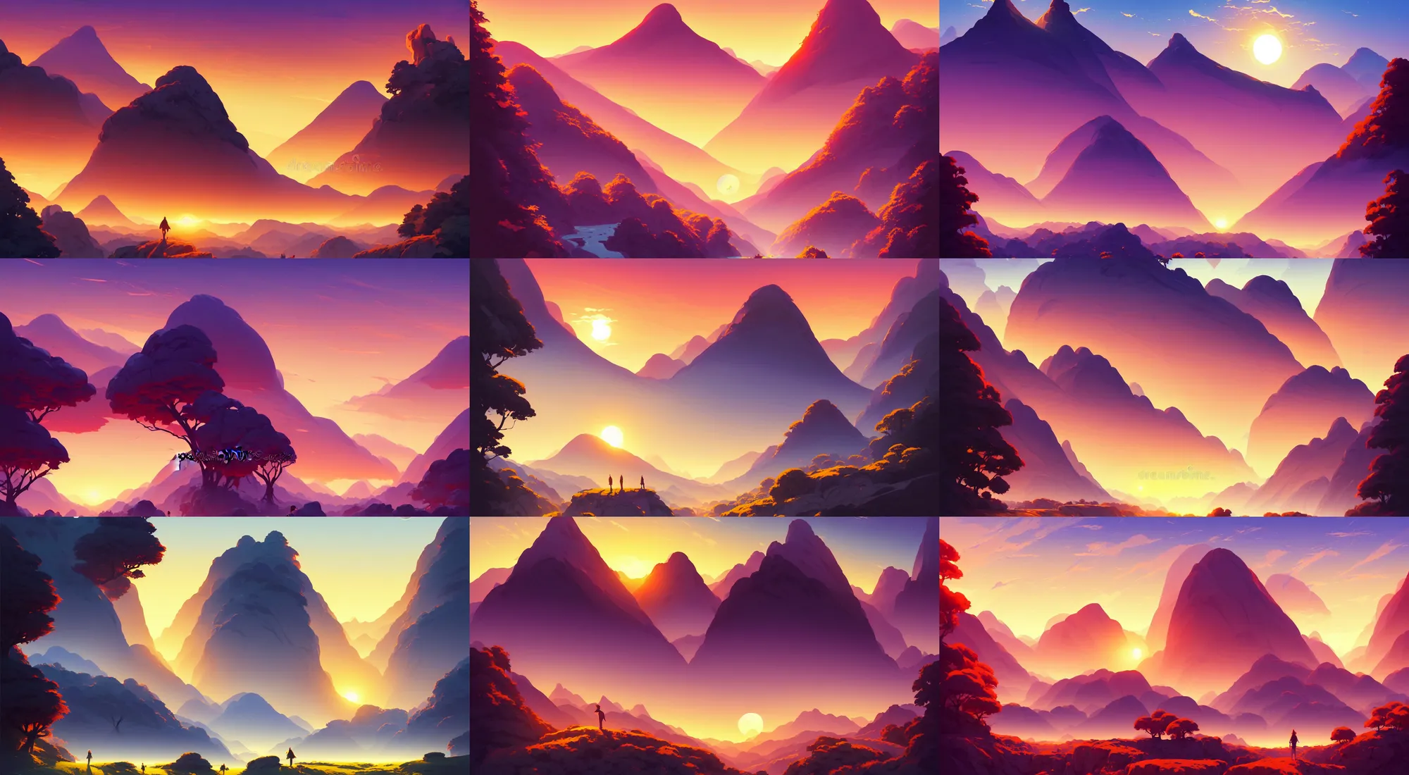 Prompt: landscape illustration - peaceful warm sunrise over mountains and forest, vector illustration, in marble incrusted of legends heartstone official fanart behance hd by jesper ejsing, by rhads, makoto shinkai and lois van baarle, ilya kuvshinov, rossdraws global illumination