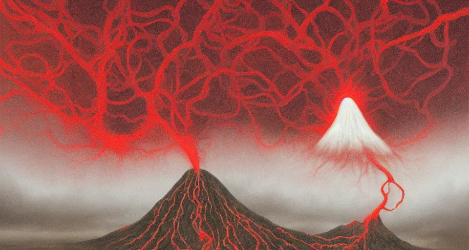 Prompt: a volcano made of ivory vines and crimson rocks enters in eruption, it spits a smoke in the shape of demonic eye, by lee madgwick
