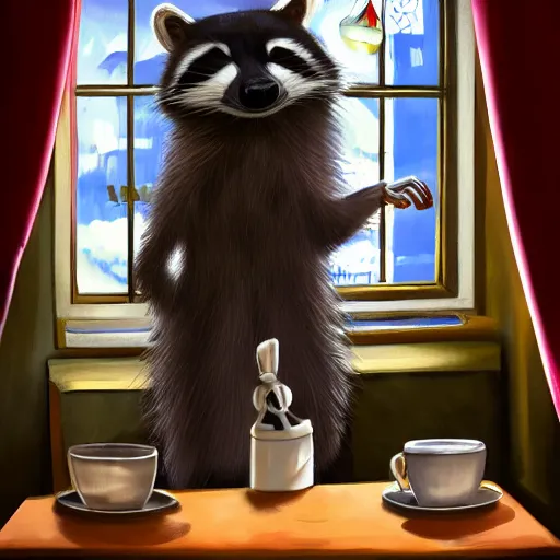 Prompt: a doctor raccoon in a restaurant looking out the window at the Eiffel tower, digital art, trending on artstation, HDR