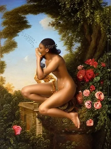 Image similar to jasmine tookes, the goddess of love : : background of roses, myrtle, doves : : rococo, academicism, hyperreal