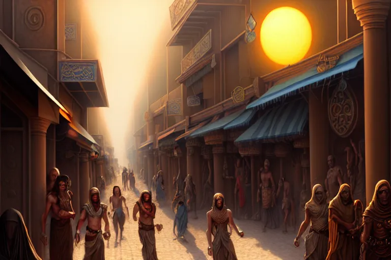 Image similar to a highly detailed crowded bazaar street in the desert city of tyr from the land of athas, amazing dark sun digital painting, by gerald brom, brom digital art, concept art, intricate details, ultra realistic, beautiful art, volumetric lighting, a blazing corona around the dark sun, by brom, trending cgsociety, artstation, rim lighting, 8 k