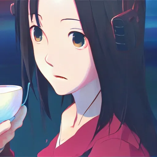 Image similar to beautiful closeup anime painting of a young woman with dark blue hair drinking tea, by makoto shinkai, kimi no na wa, artstation, atmospheric, high detail