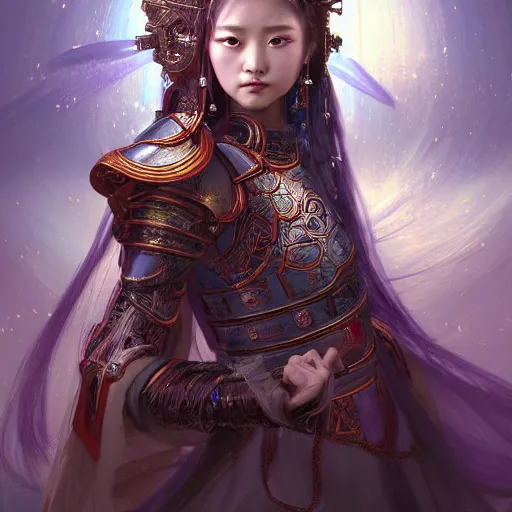 Image similar to beautiful and divine and holy and elite and colorlpunk three kingdom chinese female armor knight portrait like twice tzuyu+shinnyy eyes+front face with light flowing hair, ultradetail face, art and illustration by tian zi and craig mullins and WLOP and alphonse mucha, fantasy, intricate complexity, human structure, human anatomy, fantasy character concept, watermark, blurry, hyperrealism 8k