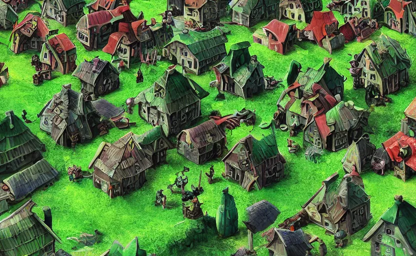 Prompt: A green goblin village, mining