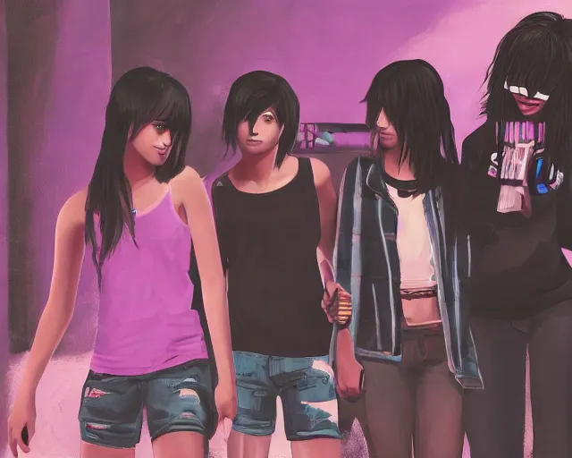 Image similar to a painting of an emo teenager hanging out with her friends at a super cool house party, unreal engine, atmospheric, hip, cool, college party