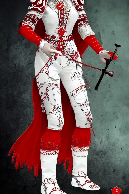 Image similar to female adventurer in tight full - body white embroidered leather armor of vyshyvanka design with red accents and a red porcelain crow mask, trending in artstation, ukrainian, establishing shot