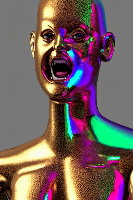 Image similar to 3d render of holographic angry human robotic screaming angry bust made of glossy iridescent, screaming, bust, surrealistic 3d illustration of a human non-binary, non binary model, 3d model human, cryengine, made of holographic texture, holographic material, holographic rainbow, concept of cyborg and artificial intelligence
