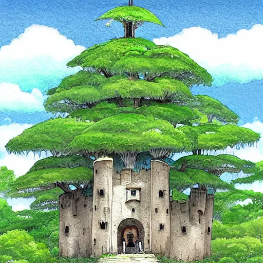 Prompt: castle in the sky laputa style hayao miyazaki stands in a small clearing among trees, sun, grass, watercolor illustration for a book