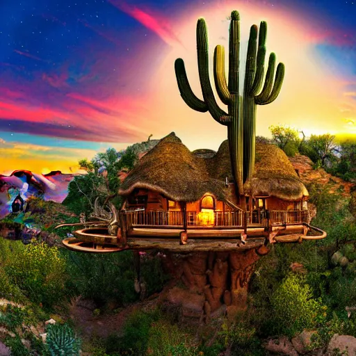 Prompt: fancy treehouse mansion built in a giant cactus on top of plateau with amazing panoramic view of colorful sunset over the grand canyon detailed luminescent airbrushed magical realism painting 4 k