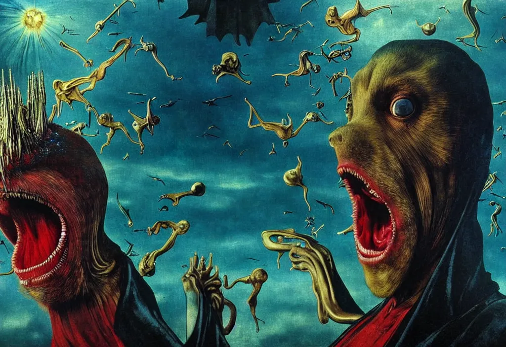 Prompt: realistic detailed portrait movie shot of a screaming birdman wearing black robes, sci fi city landscape background by denis villeneuve, amano, yves tanguy, alphonse mucha, ernst haeckel, max ernst, roger dean, hieronymus bosch, masterpiece, rich moody colours, dog teeth, blue eyes