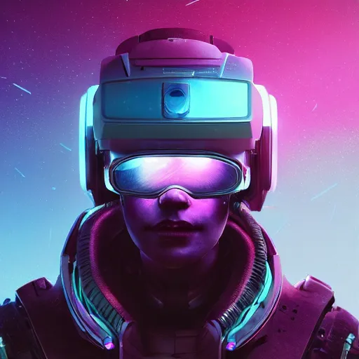 Image similar to cyberpunk concept cool character warrior bot, cinema 4 d, galaxy, ufo, space sci - fi, wearing vr goggles, illustration, portrait, pastel neon textured background night, trending on artstation, greg rutkowski, octane rendered, 1 2 k, detailed,