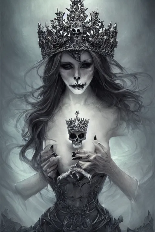 Image similar to skull queen with an origami crown, hints of silver jewelry, gothic, eerie, intricate detail, dramatic lighting, mist, grey, 4k, fantasy, intricate, very very beautiful, elegant, highly detailed, digital painting, artstation, concept art, smooth, sharp focus, illustration, art by artgerm and greg rutkowski and alphonse mucha